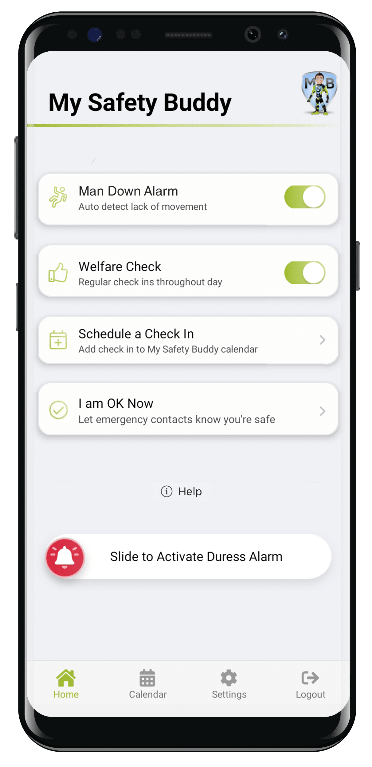 My Safety Buddy Android home screen with Man Down, Welfare Check, scheduled check-in and duress alarm controls